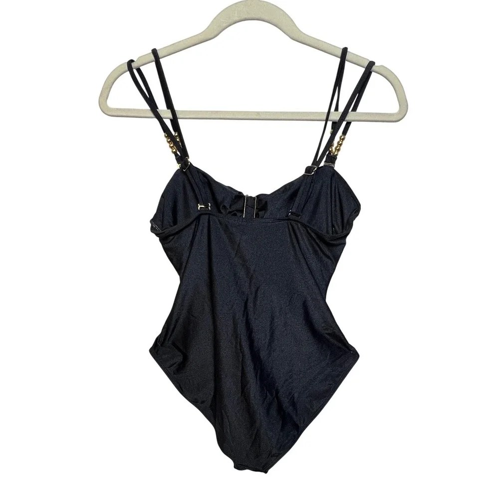 Black Cutout One Piece Swimsuit Gold Hardware Beaded‎ Straps Ruched Medium